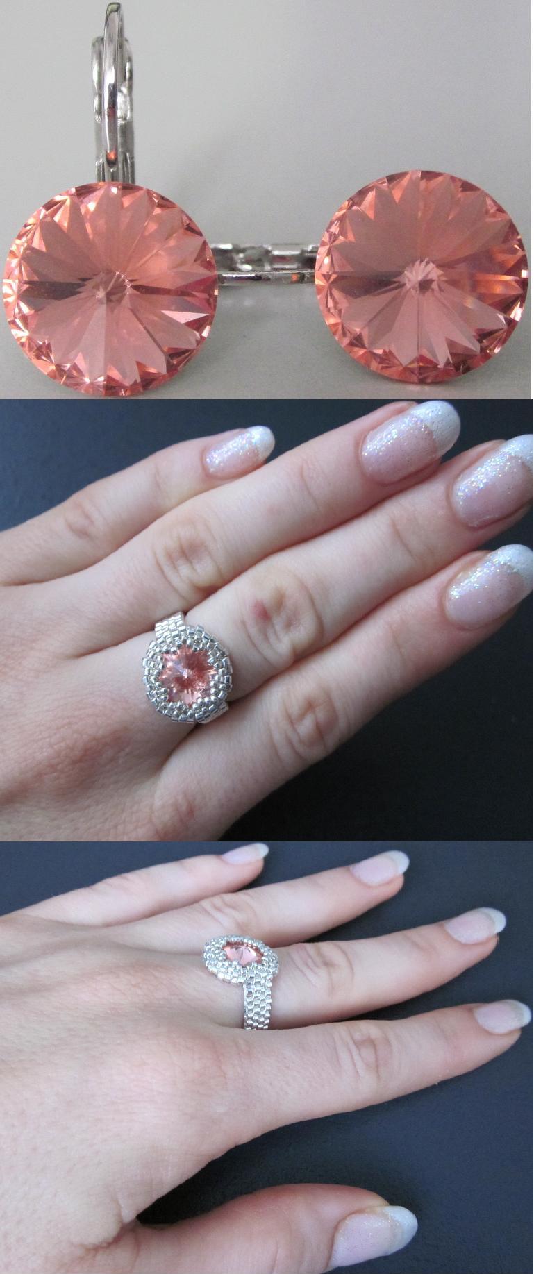 Náušničky a prsteň Swarovski Crystal Rose Peach F (celý prstienok je ušitý z korálkov)